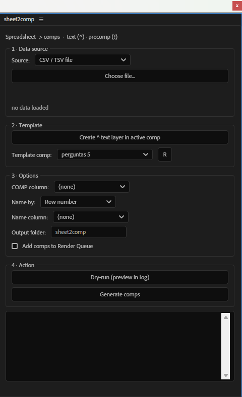 sheet2comp panel: data source, template comp, options and generate button